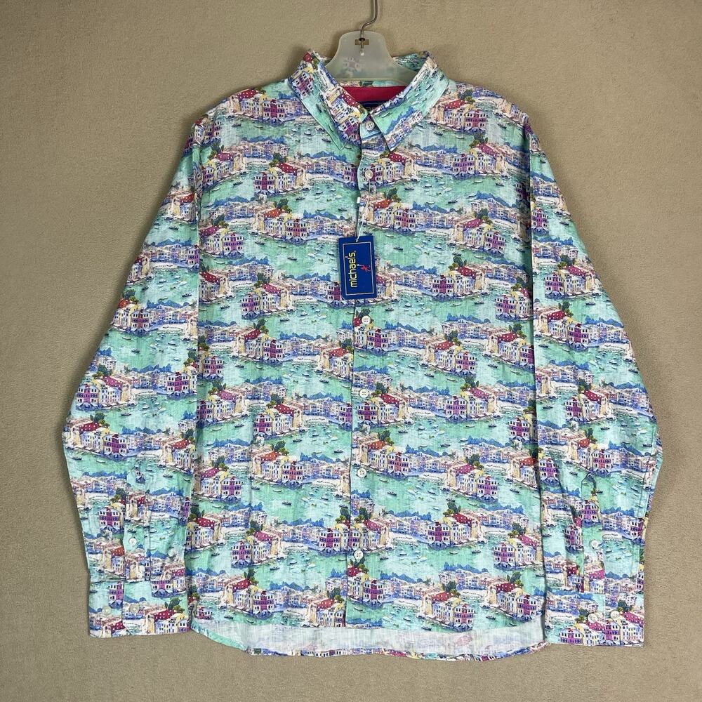 Michaels Shirt Mens L Multicolor Graphic Print Linen Long Sleeve‎ Regular Fit